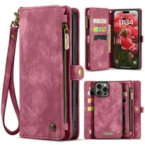 Dteck for iPhone 16 Pro Max Case Wallet with Card Holder & Detachable Magnetic Phone Case, Leather All-Round Protection Phone Case with Wrist Strap for Women/Men,Red