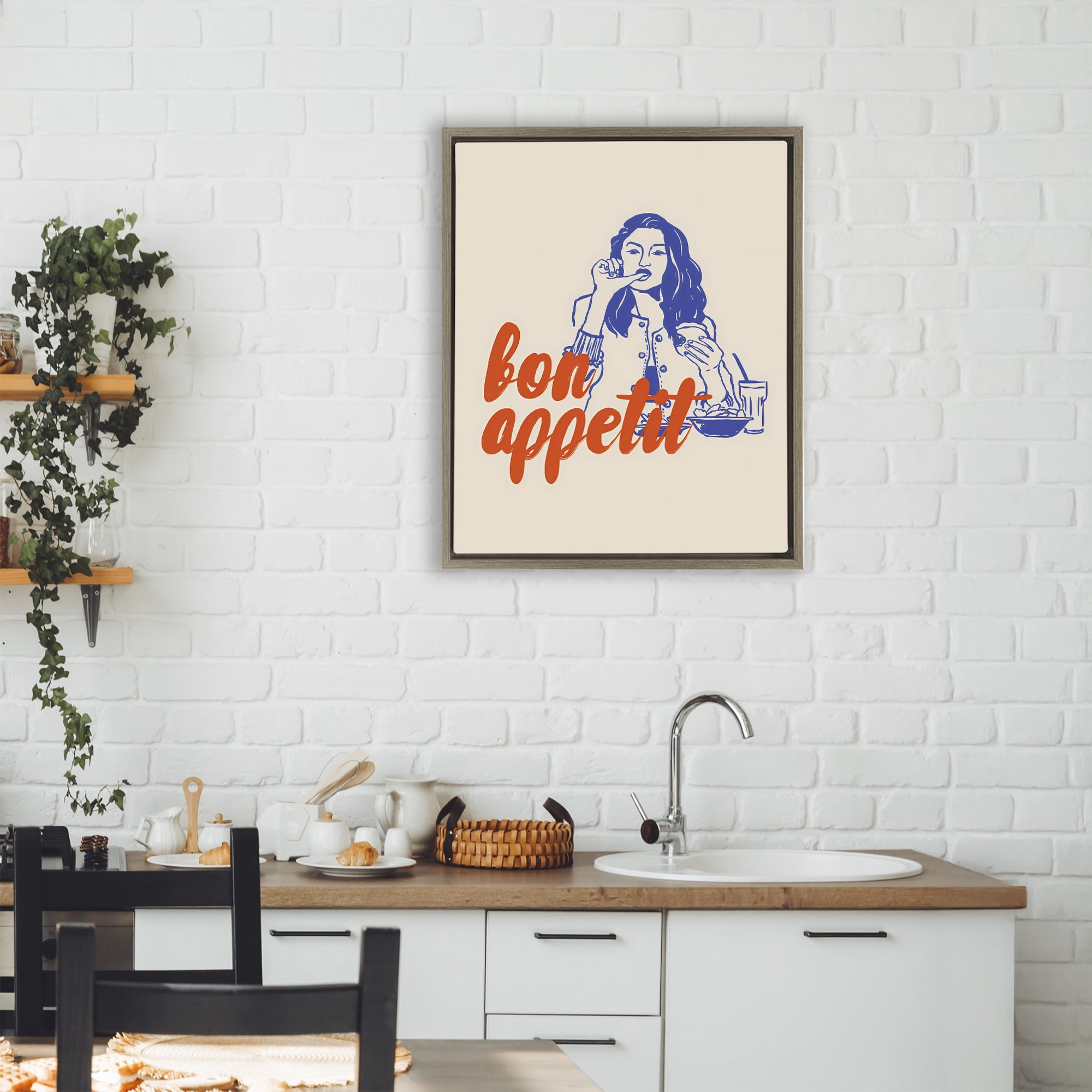 Stupell Industries Bon Appetit Woman Enjoying Meal Brown Framed Floater Canvas Wall Art, design by The Prints Vibe