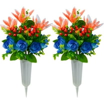 ZULAR Artificial Cemetery Flowers for Grave,Set of 2 Artificial Flowers Bouquet Memorial Flowers with Vase for Outdoor Cemetery Headstones Graveyard Gravestone Decoration (Orange Lily)