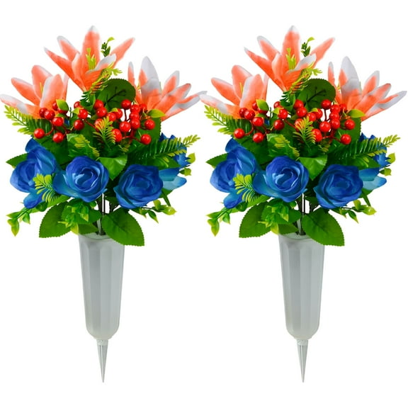 ZULAR Artificial Cemetery Flowers for Grave,Set of 2 Artificial Flowers Bouquet Memorial Flowers with Vase for Outdoor Cemetery Headstones Graveyard Gravestone Decoration (Orange Lily)