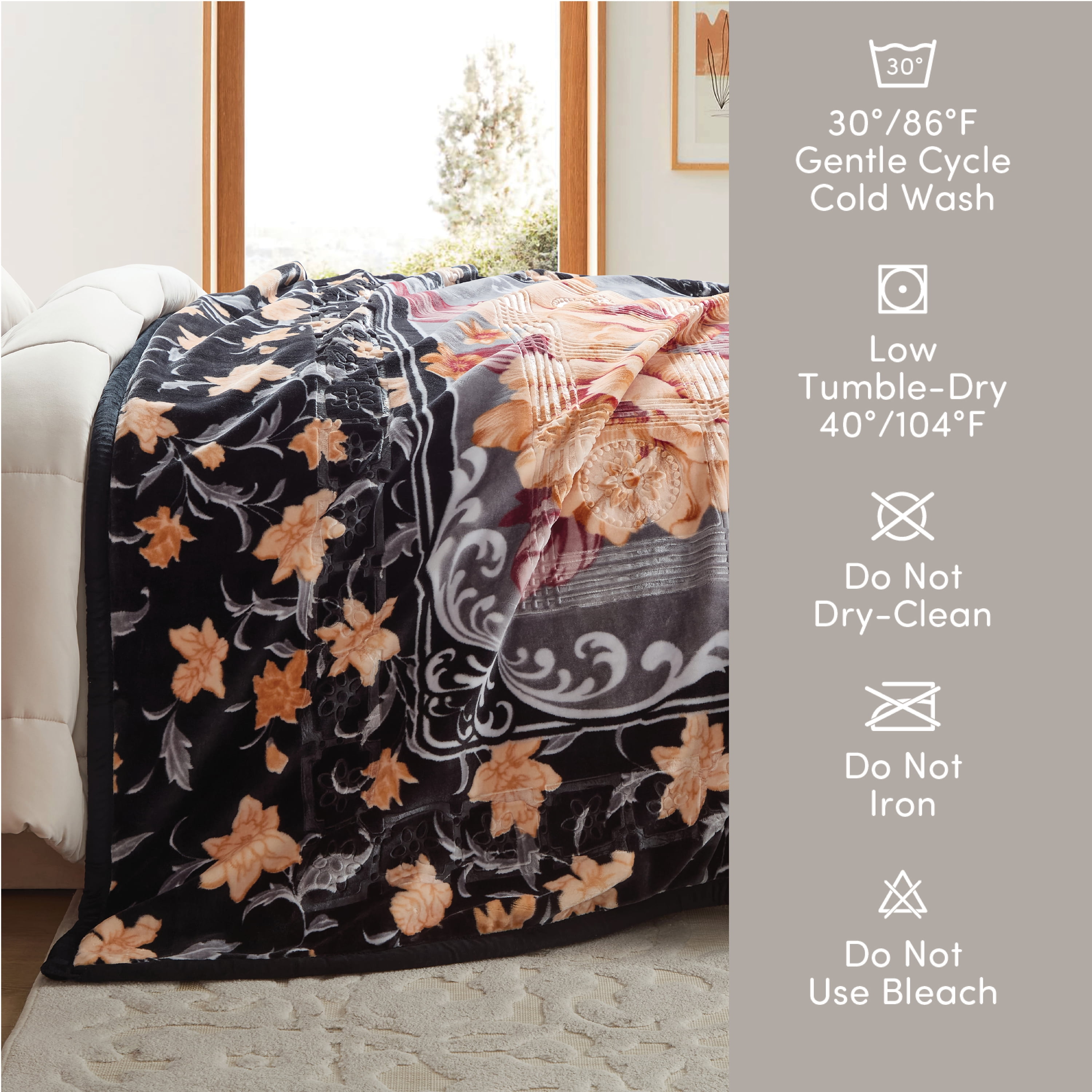 Lammaloe Queen Size Korean Mink Fleece Blanket for Winter, 9 lbs, 79" x 94", Heavy 2-Ply Warm Heavyweight Raschel Bed Blankets, Reversible Printed, Black & gray