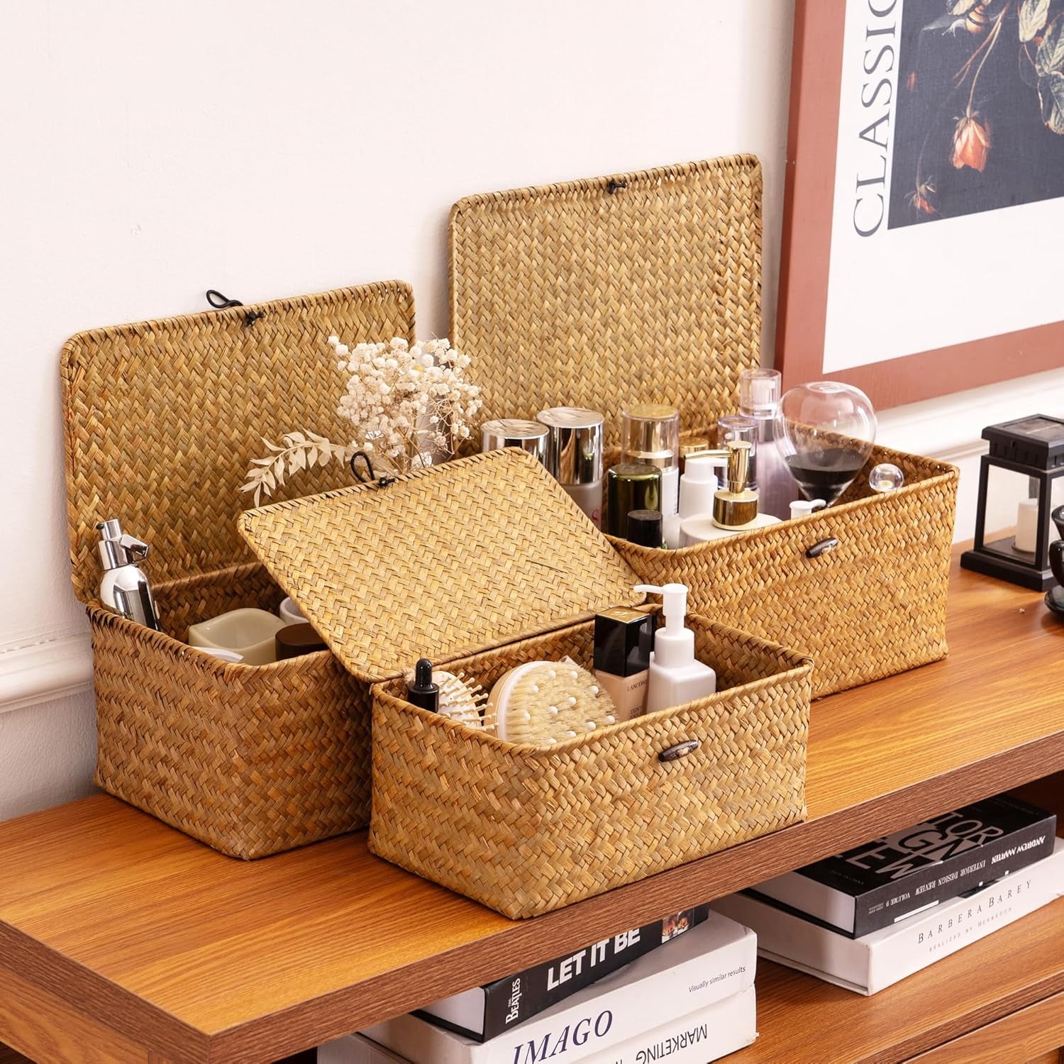 GoXteam Shelf Baskets with Lid Set of 3, Handwoven Seagrass Storage Bins Box Rectangular Seagrass Basket Storage Organizer Wicker Basket for Shelf