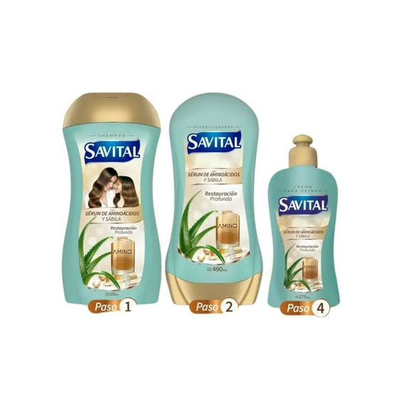 Savital Shampoo Aminoacidos 510mL, Acondicionador Aminoacidos 490mL, Crema para peinar Aminoacidos 275mL (3 Pack)