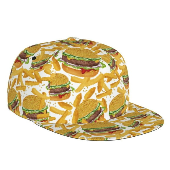 Flat Bill Trucker Hats for Women Men - burger fries yellow Adjustable Flat Baseball Cap Snapback Hats Dad Hats for Men