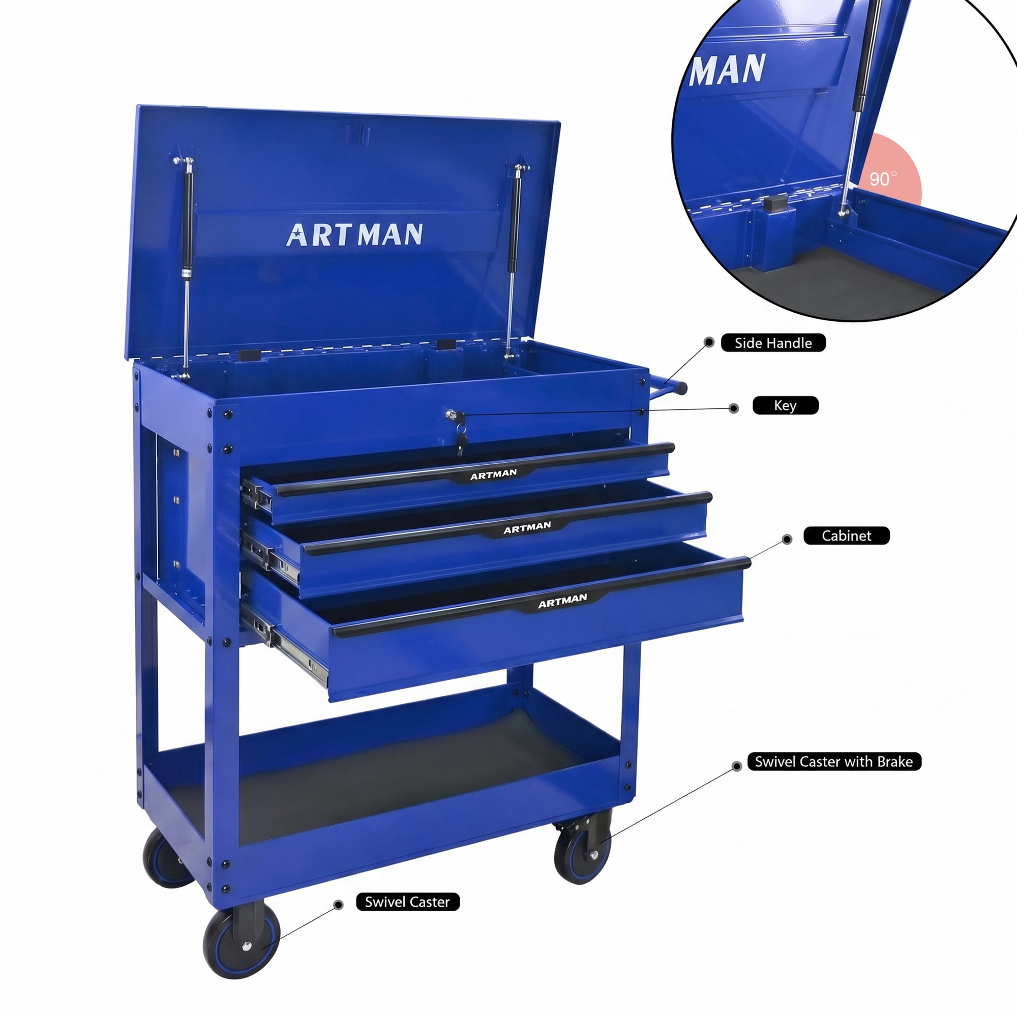 3 Drawer Tool Cart With Wheels and Steel Top