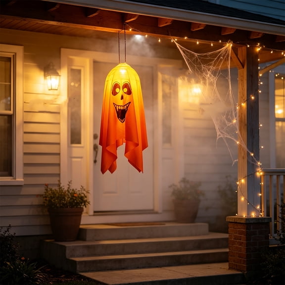 Orange Jack O Lantern LED Hanging Lamp, Battery Operated Spooky Halloween Light, Flameless Decor Light For Home Party Yard Garden Seasonal Arrangement