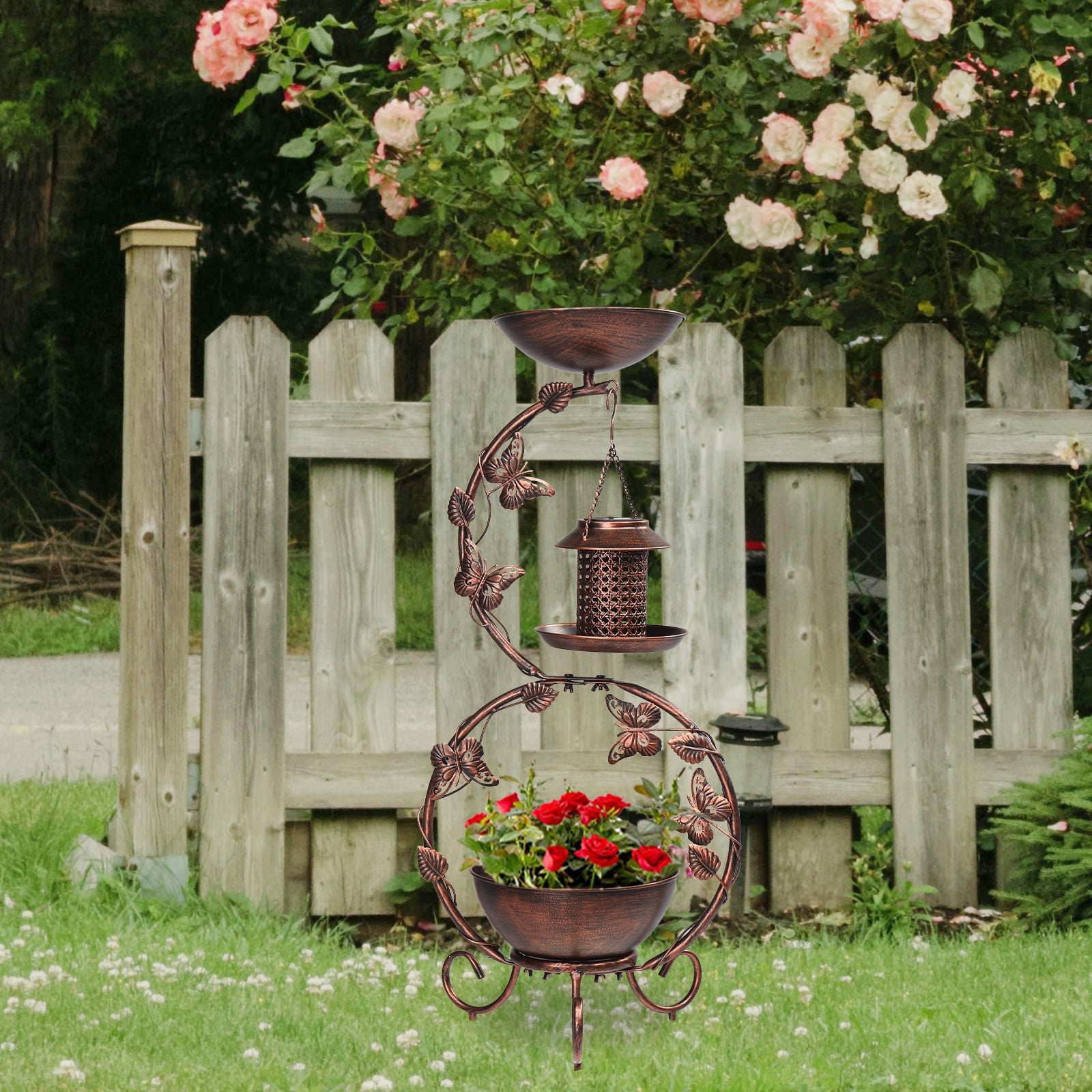 UBesGoo Weather Resistant Metal Bird Bath with Butterfly,  37.8" H Bird Bath,  Solar Feeder and Flower Planter Pedestal, Outdoor Garden Yard Decoration