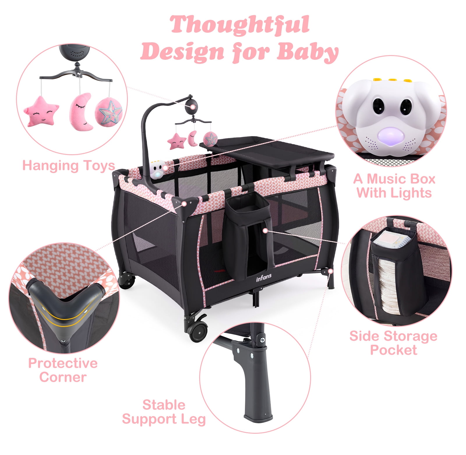 INFANS 3 in 1 Pack and Play, Portable Travel Baby Crib Bassinet with Detachable Mattress, Newborn Changing Table, Foldable Playpen with Carry Bag and 2 Wheels