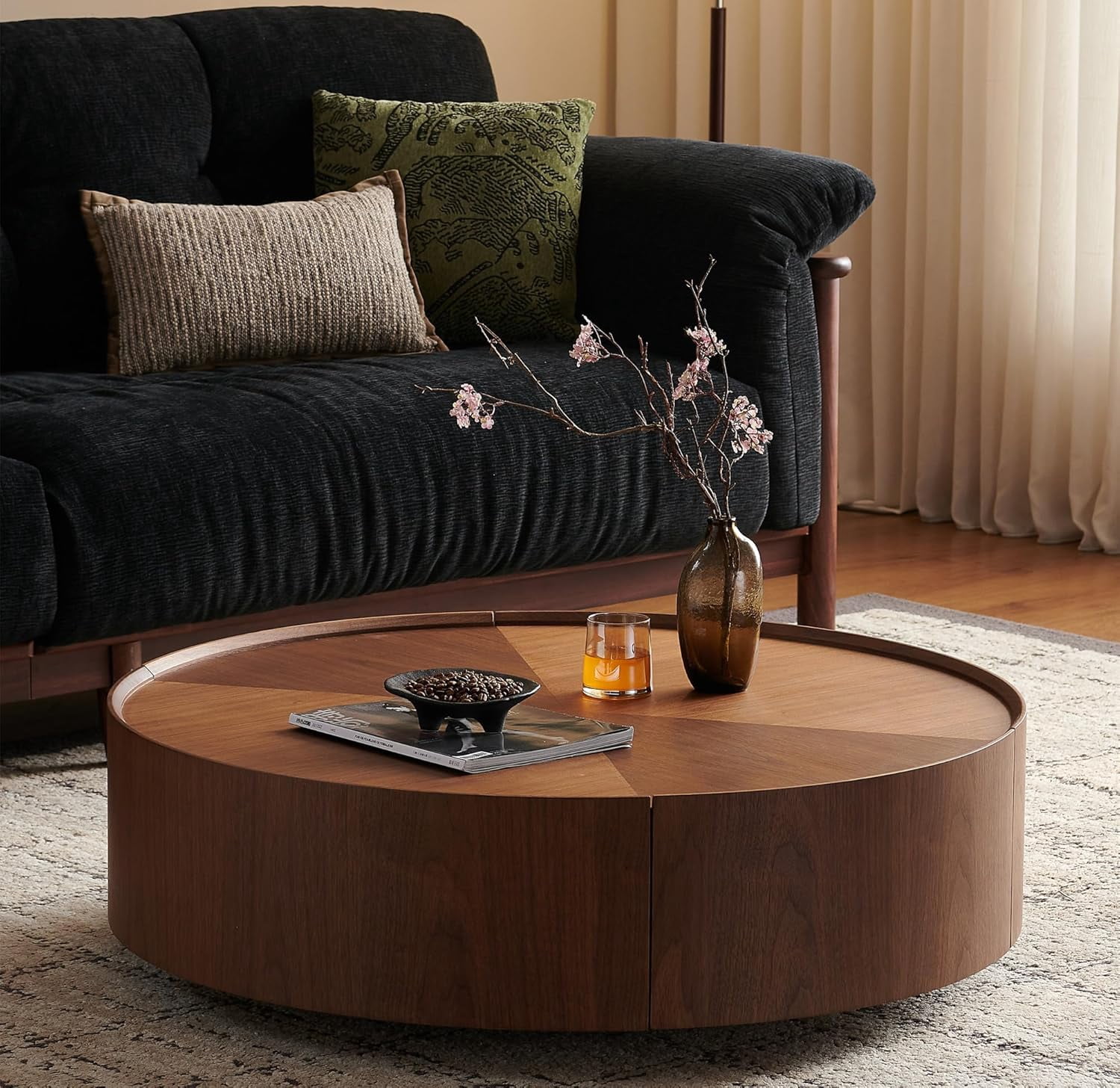 GUCOGUKA 39.3" Round Wood Coffee Table with Storage Drawers, Solid Wood Veneer Mid-Century Modern Fully Assembled for Living Room Office, Walnut