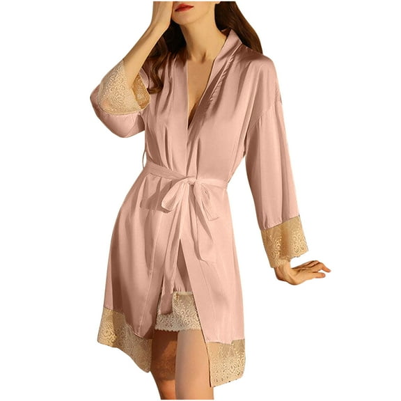 Womens Short Satin Robes Lace Trim Imitation Silk Kimono Sleepwear Bridesmaid Robes for Bride Wedding Party Nightgown (M, Pink)