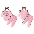 thumbnail image 3 of Gyratedream Newborn Baby Girl Jumpsuit Outfits Toddler Girls Letter Printed Leopard Romper Solid Color Pant Leopard Bowknot Headband 3 Piece Set, 3 of 5