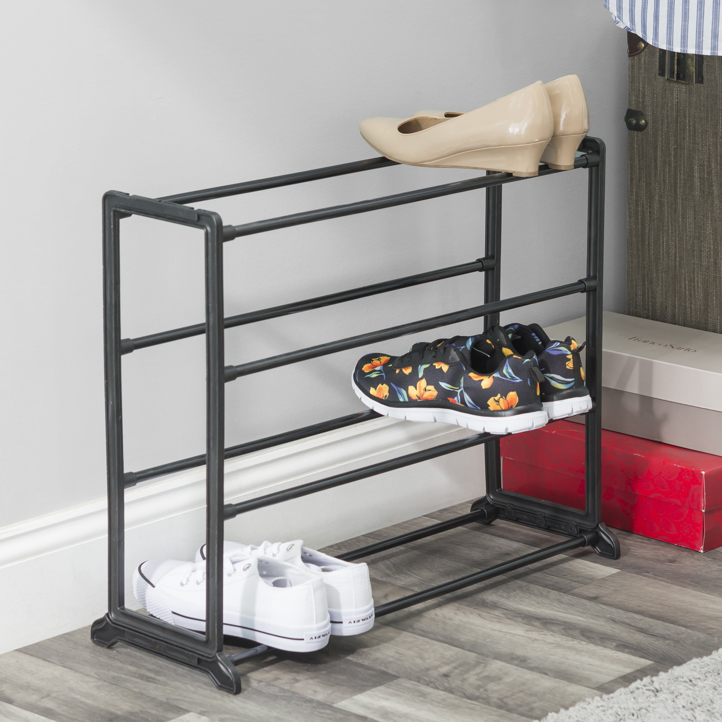 12 Pair Plastic and Metal Shoe Rack, Black