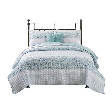 Madison Park Coastal Shabby Chic Seersucker Floral 4PC Quilt Set - Aqua, Blue Green Hues