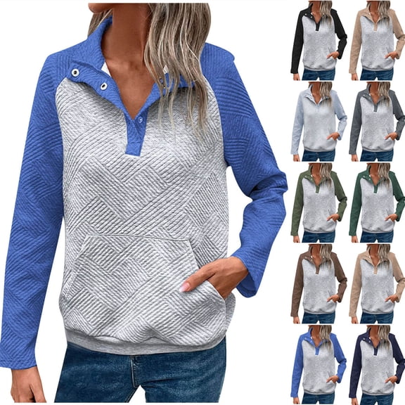 UVEASISHA Sweatshirts for Women,Womens Color Block Sweatshirt Casual Long Sleeve Henley Button V Neck Pullover Top with Pocket 2025 Trendy Fall Outfits,Black,L