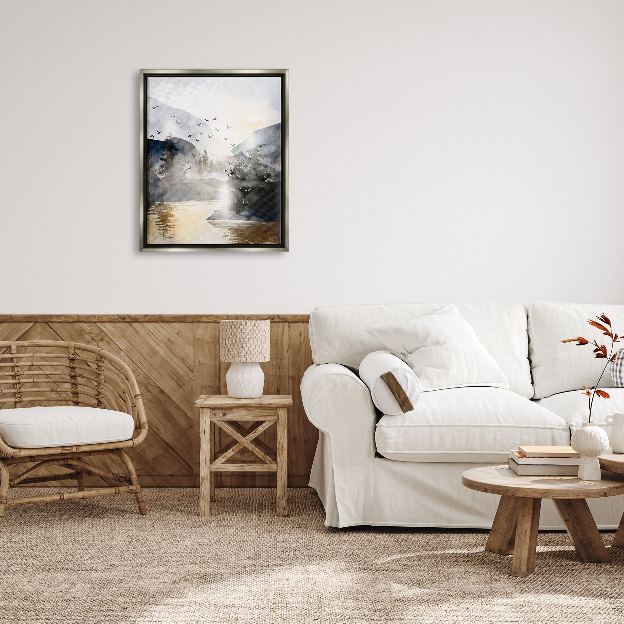 Stupell Flying Birds Mountain Lake View Landscape Painting Gray Floater Framed Art Print Wall Art