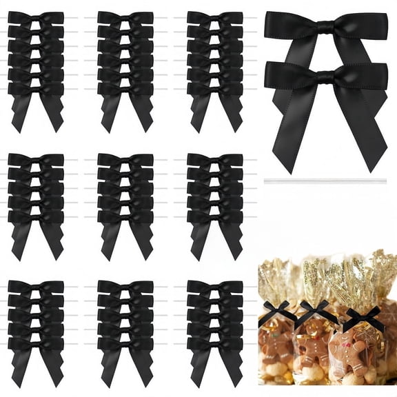 Loopunk 50Pcs 3.5 Inch Premade Satin Bows, Wired Ribbon Bowknot with Twist Ties,Gift Packaging Supplies for Candy Bags, Cookie Favors & Party Craft Decorations (Black)