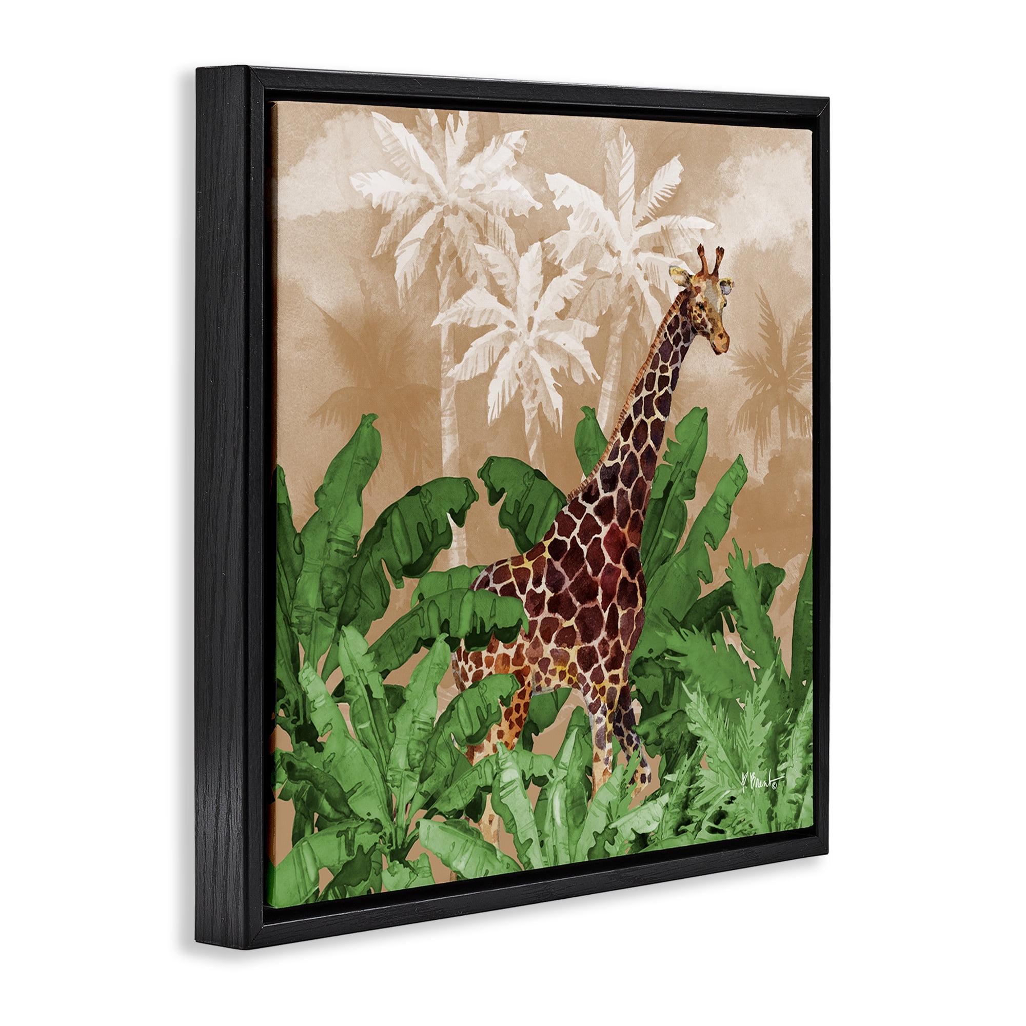 Stupell Industries Jungle Life Giraffe Animals & Insects Painting Black Floater Framed Canvas Art Print Wall Art, 25 x 25