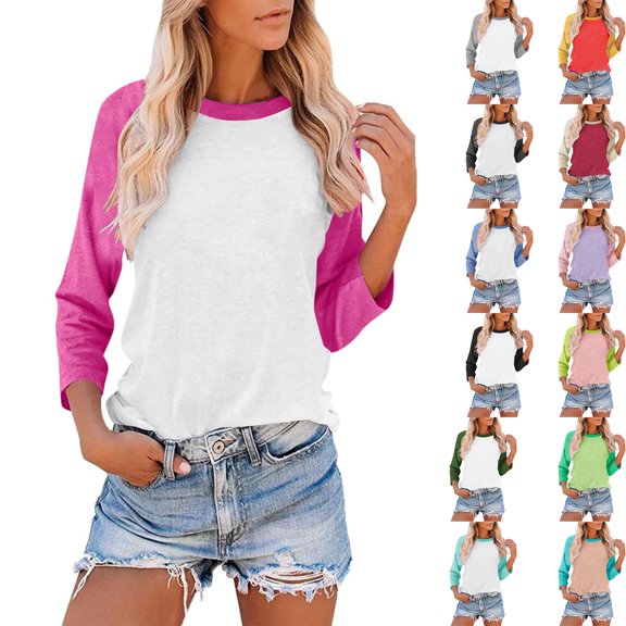 Hrsba Basic Sweatshirts for Women Color Raglan Sleeve 3/4 Sleeve Crew Neck Oversized Loose Daily Casual Tshirt