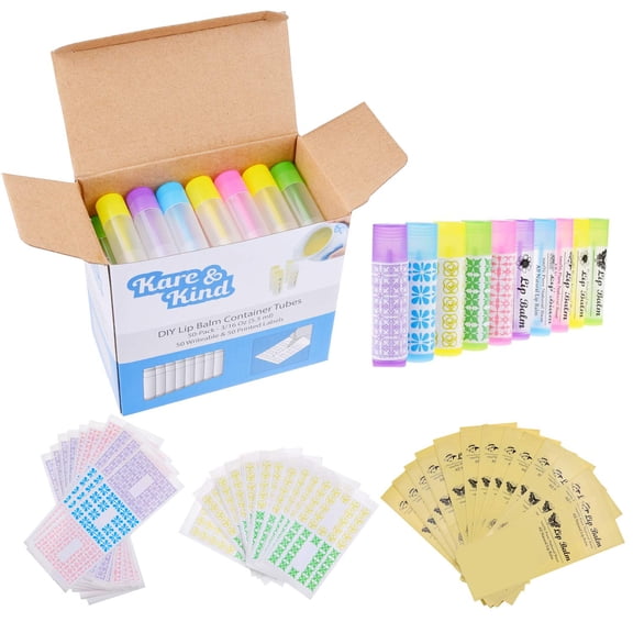 Tubos para bálsamo labial DIY Kare & Kind, paquete de 50 con pegatinas