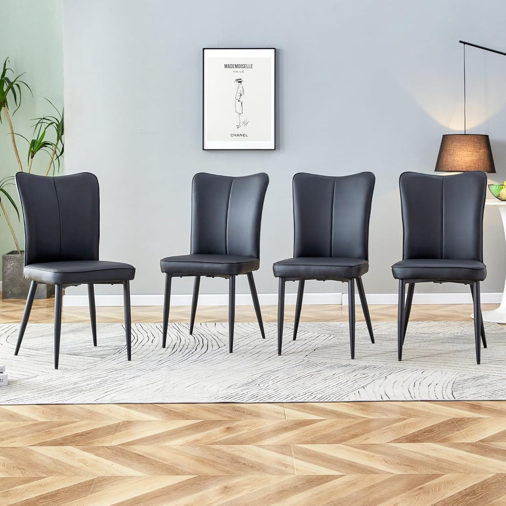 SUDICA Dining Chairs Set of 6, Black Faux Leather Upholstered Side Chairs with Black Metal Legs for Dining Room and Kitchen
