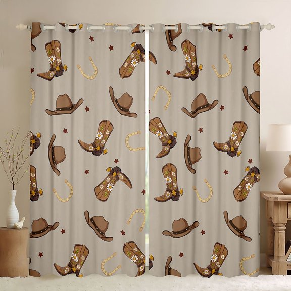jejeloiu Vintage Cowboy Boots Black Out Curtains,Rustic Western Hat Curtains Pack of 2 (42x63 Each),Kawaii Daisy Flower Bedroom Curtains For Boys,Microfiber Bedroom Decor