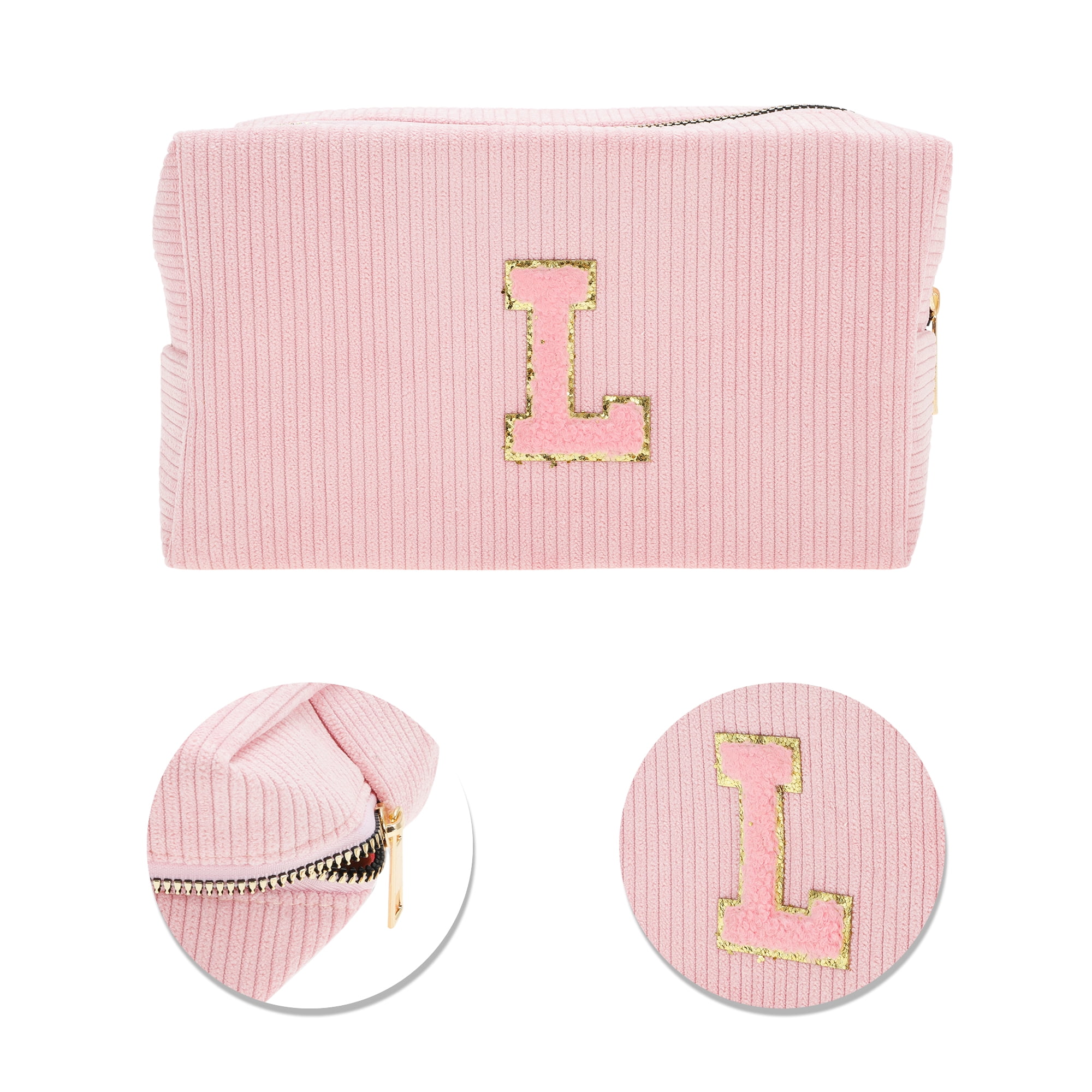 Unique Bargains 1 Pc Corduroy Rectangular Letter Makeup Bag Pink [Letter L]
