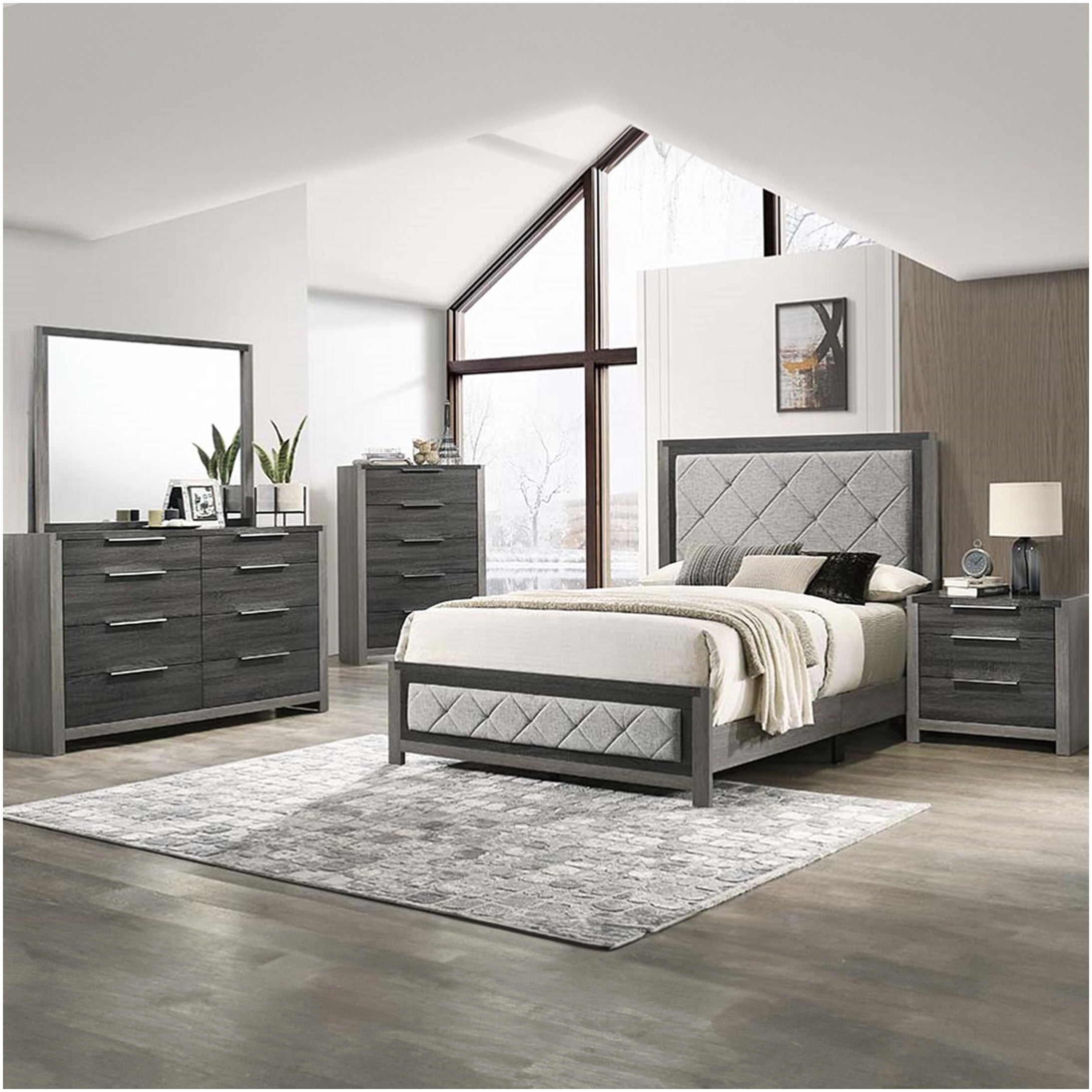 Modern Upholstered Platform Bed with Diamond Tufted Headboard, King Size Gray Linen Fabric Bed Frame for Bedroom