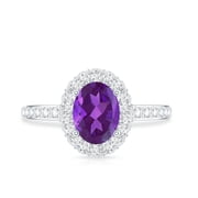 Rosec Jewels Oval Shape Amethyst Ring with Moissanite Halo for Women - 1 Carat - AAA Grade, 14K White Gold, US 5.50