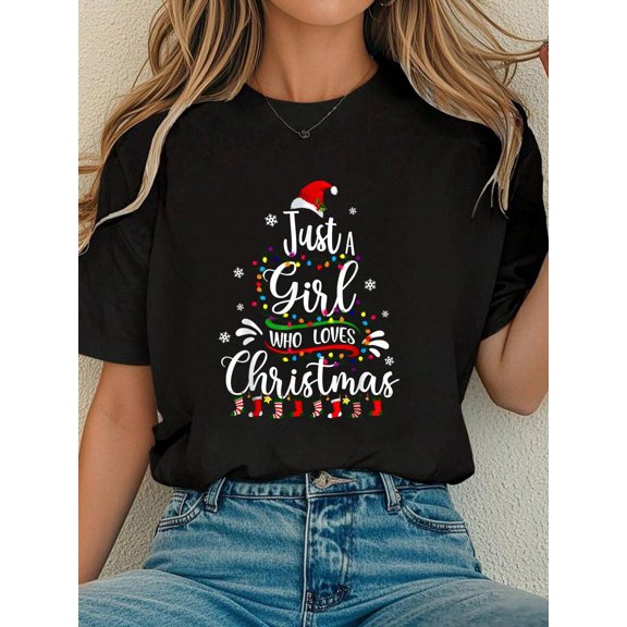 Women Cotton Tshirt Merry Christmas Just A Girl Who Loves Christmas Tree Xmas T-Shirt Comfort Tshirt Women
