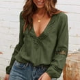 thumbnail image 3 of Top informal para mujer, cuello en V profundo, manga larga hueca, ajuste holgado, blusa de señora de Color puro para el trabajo, vacaciones diarias, verde L, 3 of 6