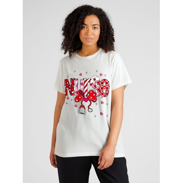 Nurse Valentine's Day Seductive Bow Graphic Print T-shirt, Short Sleeve Crew Neck Casual Top For SumCamisetas para mujer, lindas camisetas con estampado gráfico, de manga corta, estilo casual, para ve