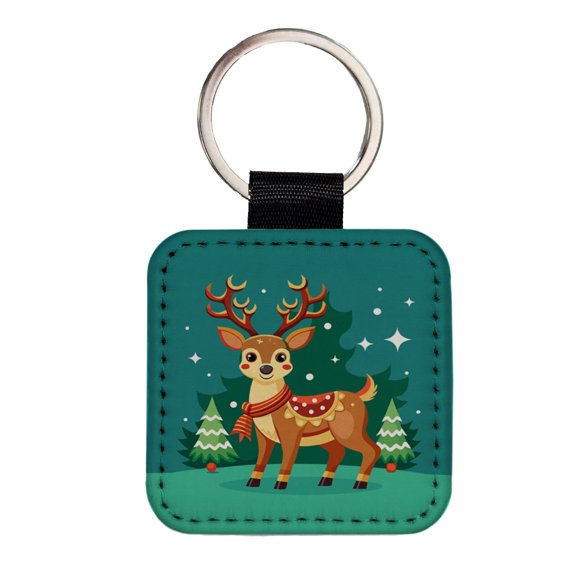 Reindeer Wearing Scarf Christmas Cute Faux Leather Square Keychain