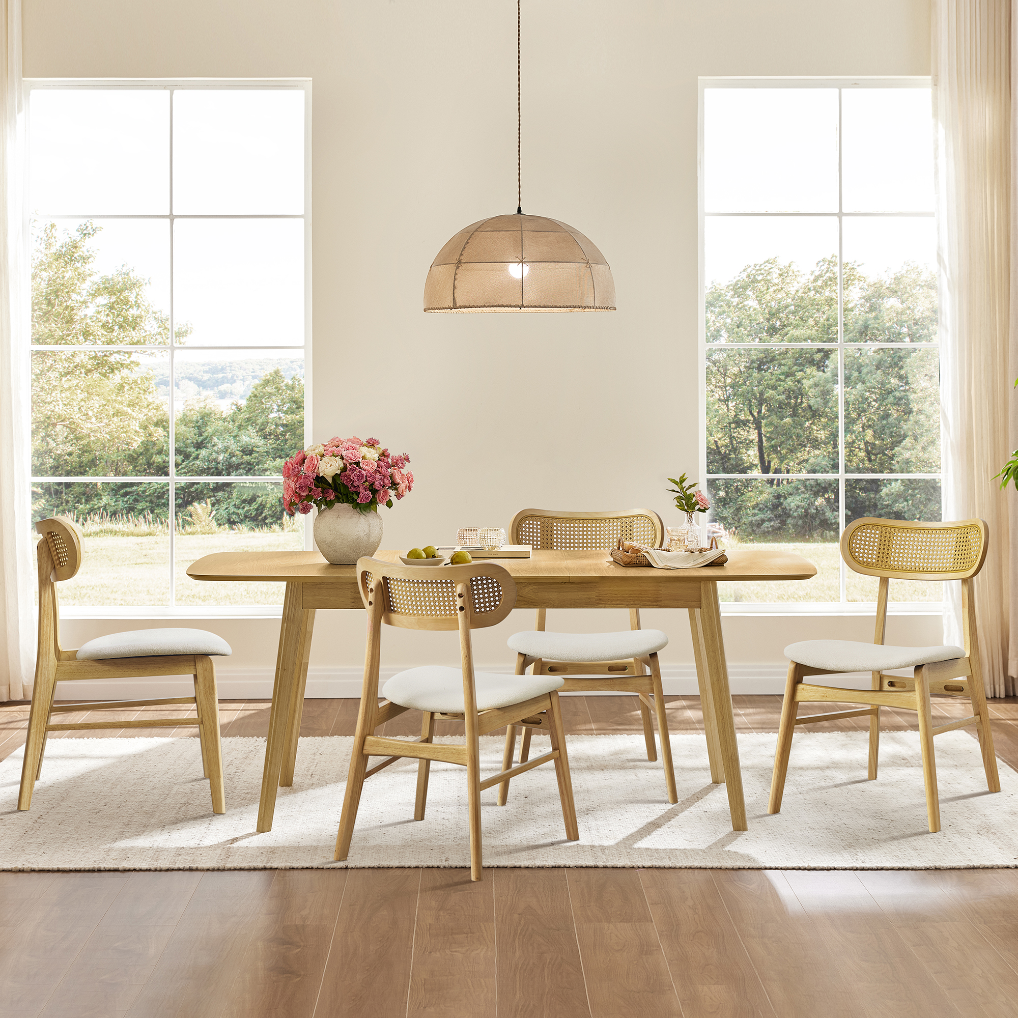 Spruce & Spring Rattan-Back Upholstered Dining Chair with Wooden Frame Set of 2, Natural