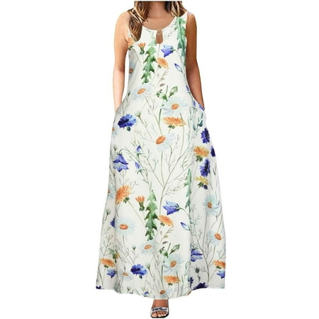 

jsaierl Women s Summer Dress 2023 Print Boho Dress Sleeveless A Line Dress Crew Neck Flowy Dress for Beach Vacation