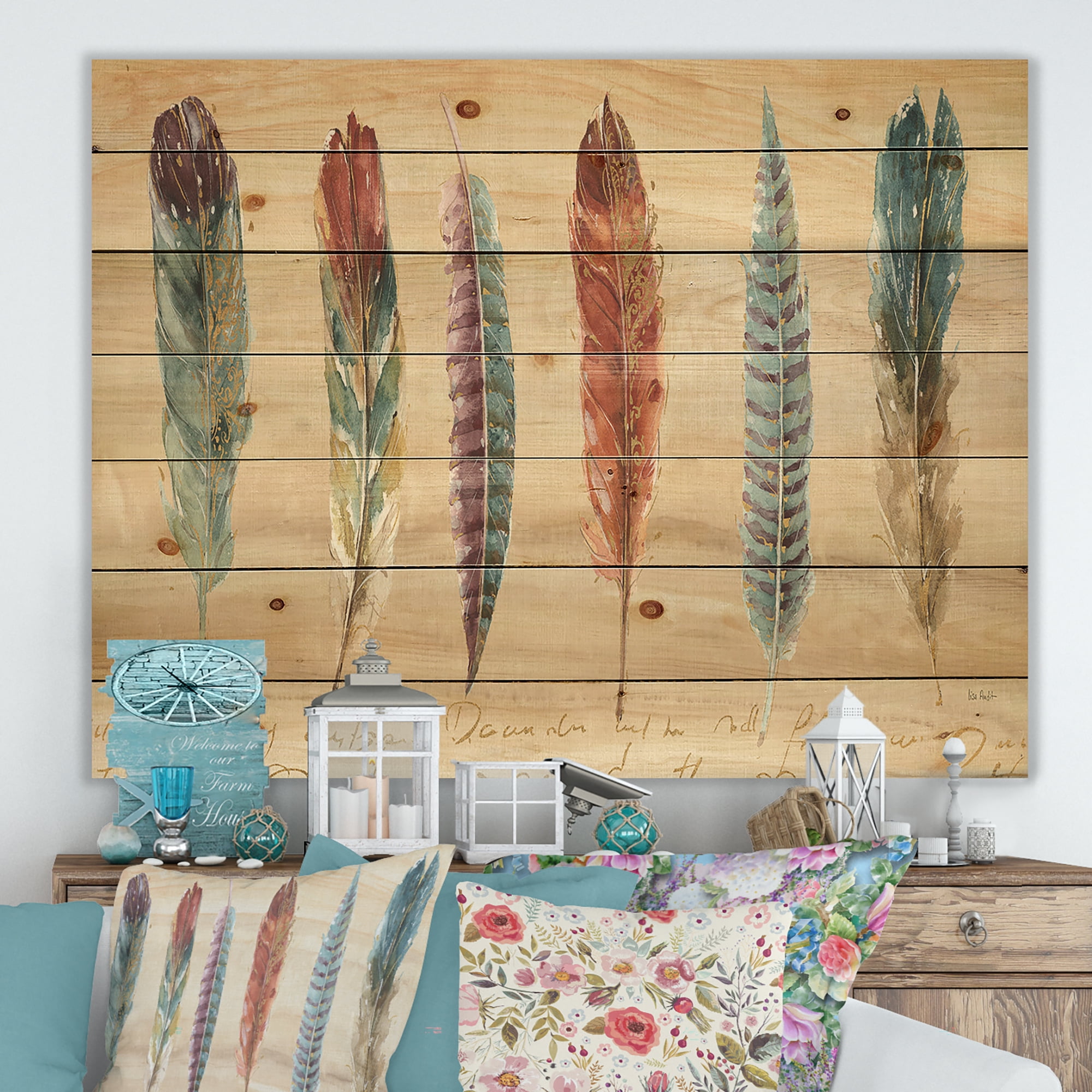 Designart 'Cottage Feathers Family III' Lake House Print on Natural Pine Wood