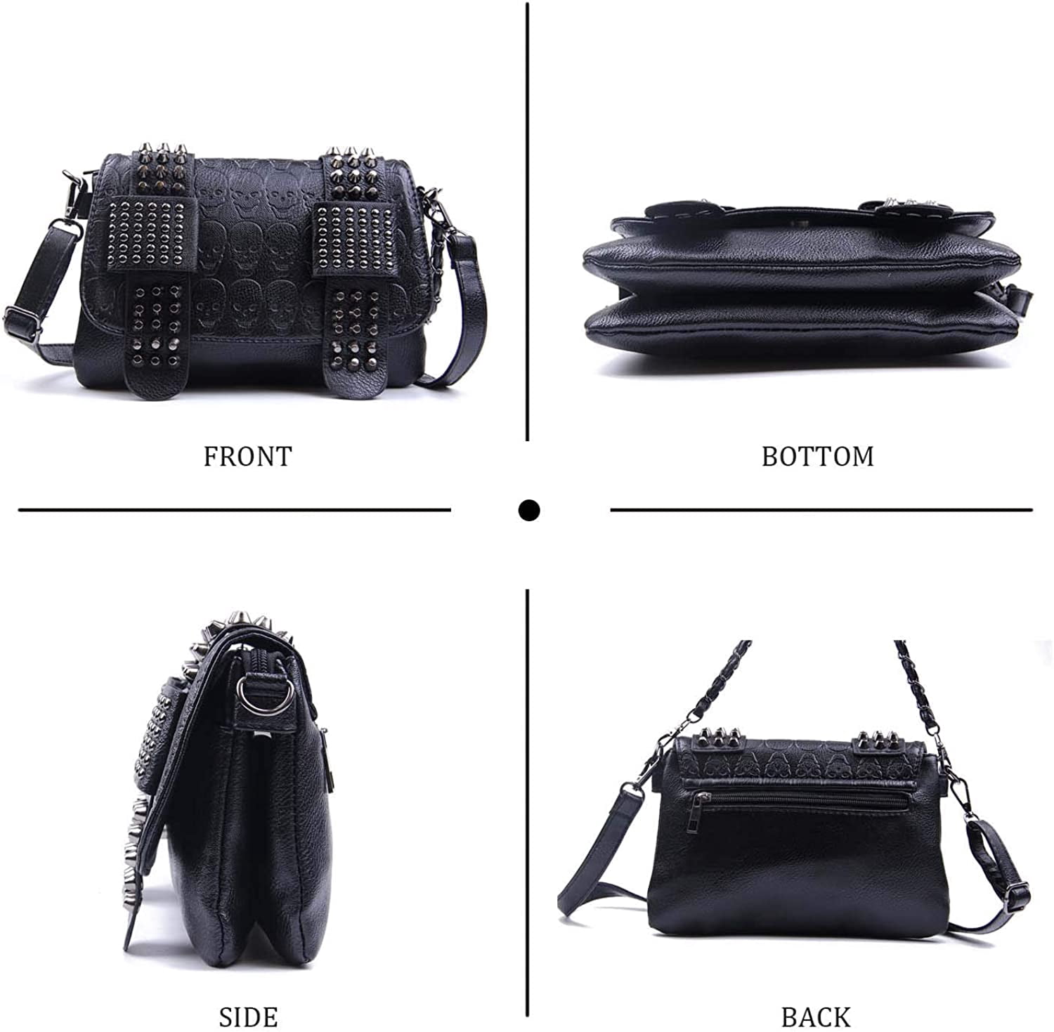 Womens Punk Skull Rivet Shoulder Bag PU Leather Goth Crossbody Bag with Chain Wallet Purse for Teen