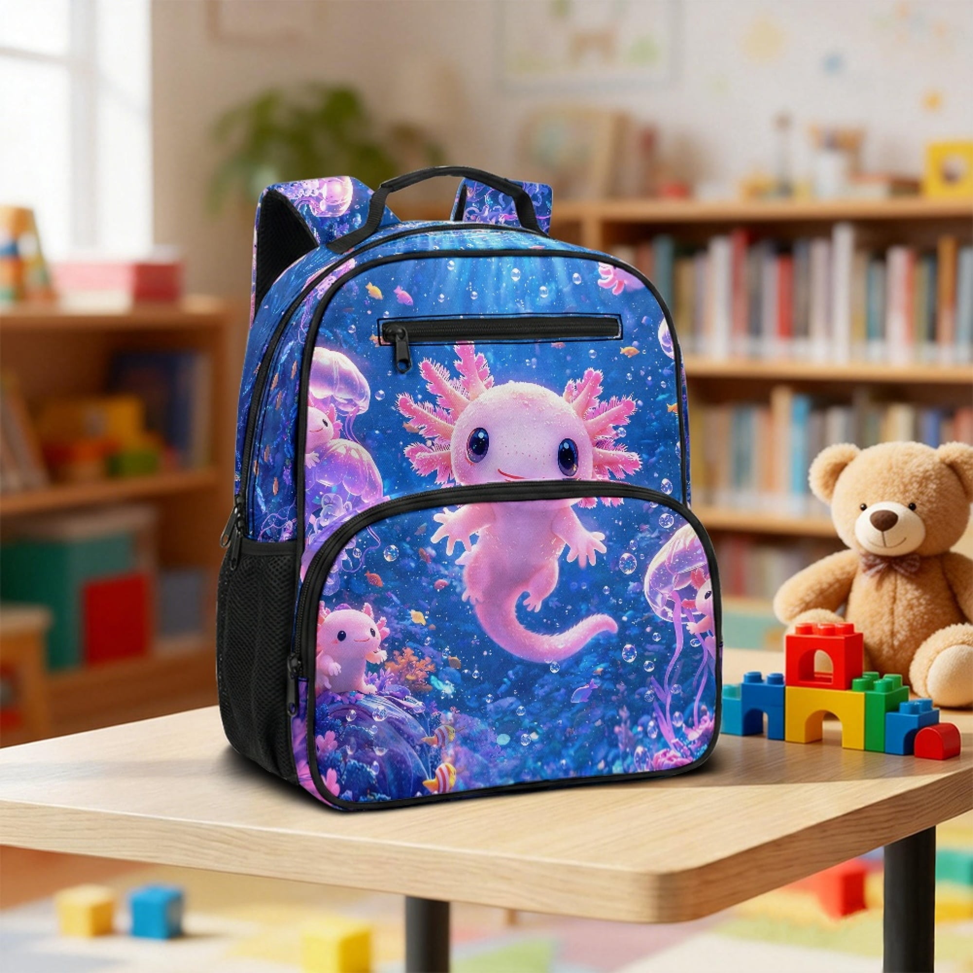 Chririnla Axolotl Underwater Theme Toddler Backpack for Boys, Polyester Fabric Lightweight Preschool Toddler Backpack for Travel Kindergarten