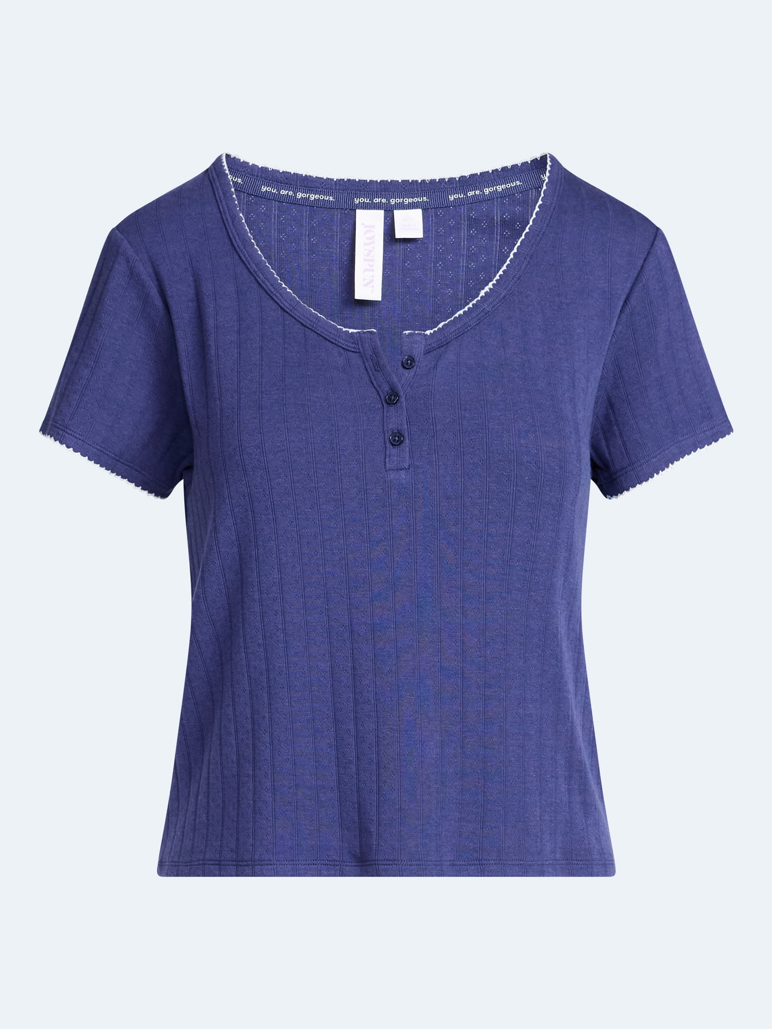 Joyspun Women’s Pointelle Knit Sleepwear Henley Tee with Short Sleeves, Sizes XS-3X