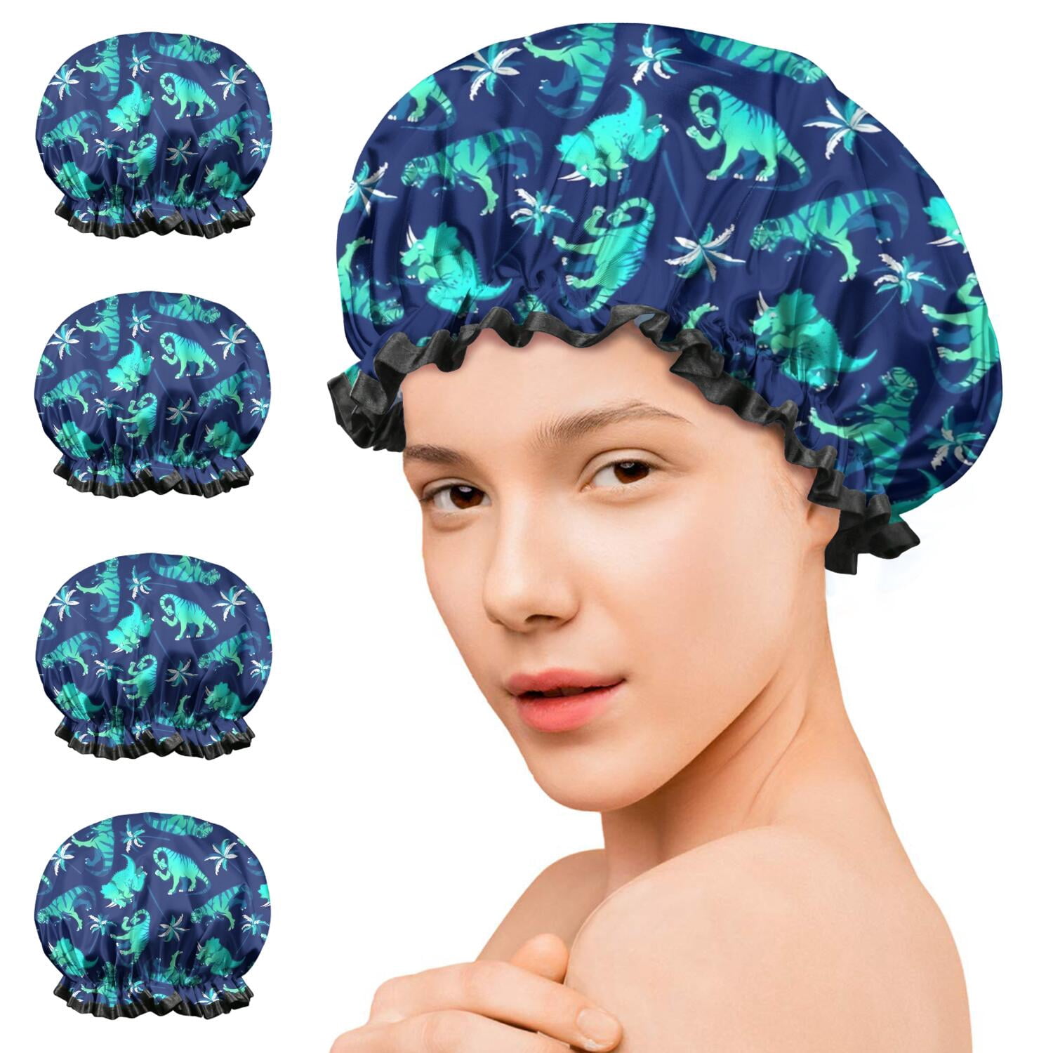 Shower Caps,DarkBlue Cartoon Dinosaurs Palms Pattern Waterproof Shower Cap for Women 4 Pieces,Double Reusable Hair Cover for Shower PEVA Elastic Stretch Hem