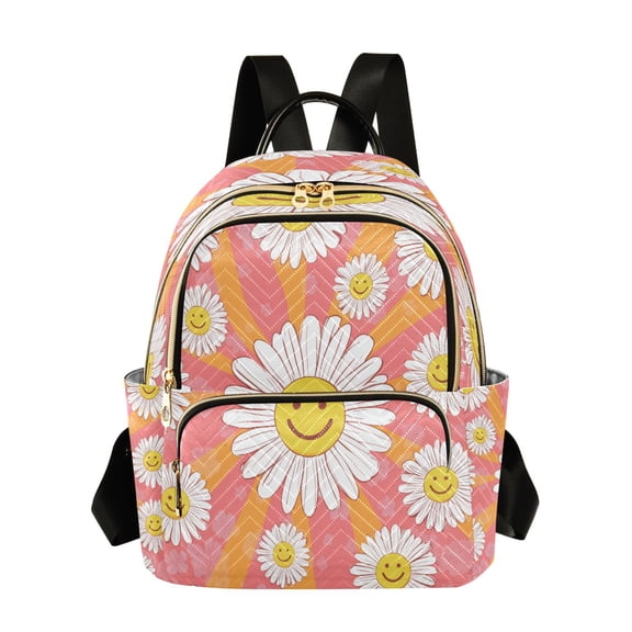 RMDQTR Quilted Backpack Lightweight Casual Daypack with Multi Zipper Pockets for Travel Daily Use Shopping Sports Smiley Face on Orange Background