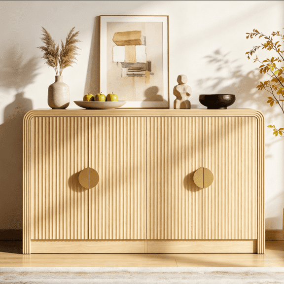 Easoger 55 Inch Fluted Buffet Sideboard Storage Cabinet, Oak Mid-Century Modern Credenza Console Table with Adjustable Shelves, Wavy Grain Doors, Anti-Tip for Dining Room, Living Room, Entryway
