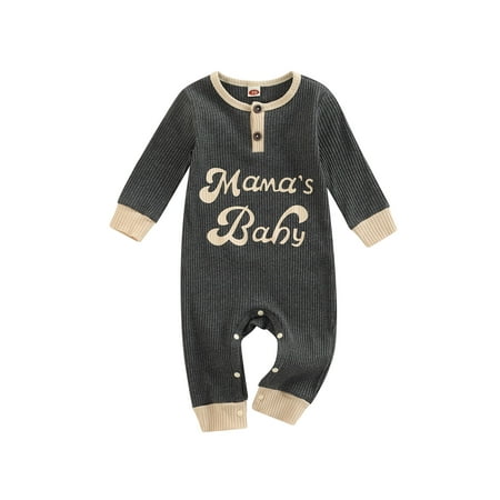 

Girl Boy Long Sleeve Round Neck Letters Print Crotch Buttons Romper