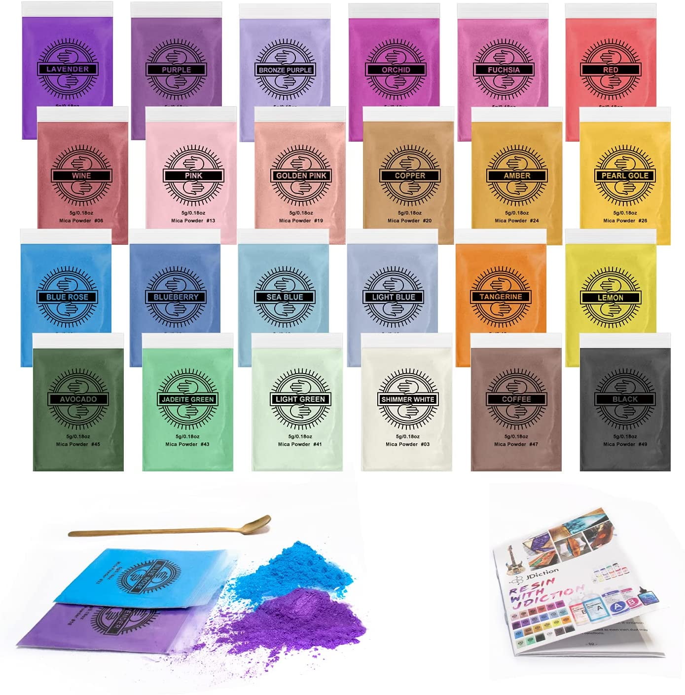 JDiction 24 Colors Mica Powder Coloring Pigment/Dye for Epoxy Resin Soap Making, W/ a Gold Spoon
