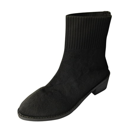 OJSFQUFP Womens Shoes Winter Warm Boots Women s Autumn and Winter Fashion Round Toe Mesh Breathable Elastic Boots Solid Color Low Heel Slip On Ankle Boots Womens Boots Ankle Black 39