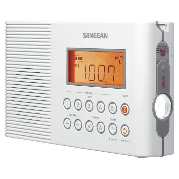 Sangean H201 Portable 3-Band AM/FM/Weather-Alert Water-Resistant Shower Clock Radio, H-201PT