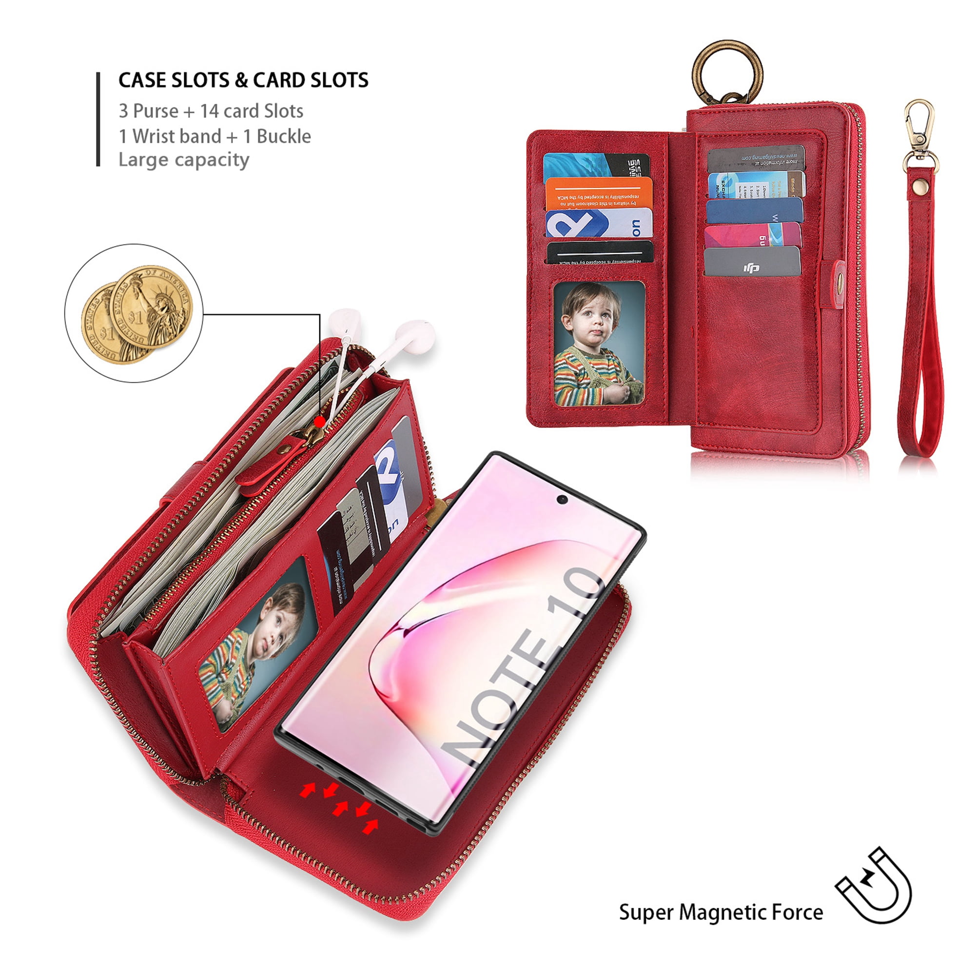 Samsung Galaxy Note 10 6.3 inch Wallet Detachable Case, Dteck Zipper Purse Phone Case Multi-functional Folio Flip Leather Removable Magnetic Back Cover For Samsung Galaxy Note10,Red