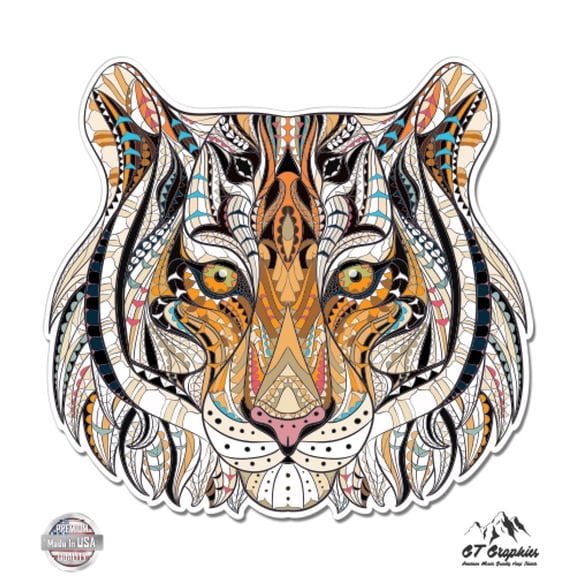 Tiger Ethnic Pattern - 3" Vinyl Sticker - For Car Laptop I-Pad Phone Helmet Hard Hat - Waterproof Decal