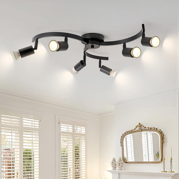 6 Light Track Lighting Fixtures Ceiling, Flexibly Rotatable Light Heads, Black Semi Flush Mount Ceiling Light for Kitchen Dining Room Living Room.Gu10 Bulb Base.