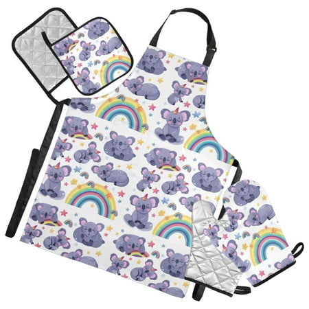 Koalas Star Rainbow 5 Pcs Kitchen Set Heat Resistant Oven Mitts and Non-Slip Pot Holders with Adjustable Cooking Apron