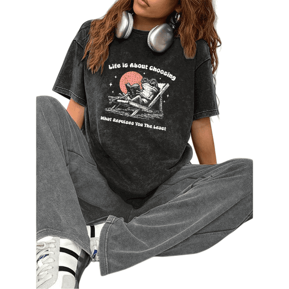 Women's Trendy Aesthetic "Life Is About Choosing What Repulses You The Least" Frog & Toad Graphic Washed T Shirt Black S-2XL Plus Size